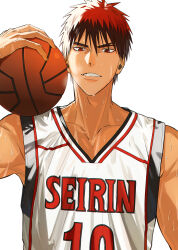 Rule 34 | 1boy, ball, basketball (object), basketball uniform, clenched teeth, collarbone, fingernails, highres, holding, holding ball, jersey, kagami taiga, kuroko no basuke, looking at viewer, male focus, mirin (coene65), red eyes, simple background, solo, sportswear, sweat, teeth, toned, toned male, white background