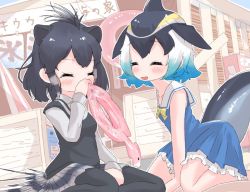 Rule 34 | 2girls, black legwear, blonde hair, blowhole, blue dress, blue hair, blush, bow, bowtie, cetacean tail, closed eyes, collared shirt, common dolphin (kemono friends), crested porcupine (kemono friends), dolphin girl, dorsal fin, dress, extra ears, fins, fish tail, frilled skirt, frills, grey hair, grey skirt, grey sweater, grey vest, inflatable toy, innertube, kemono friends, kemono friends 3, kneeling, long sleeves, multicolored hair, multiple girls, pantyhose, pleated skirt, porcupine ears, sailor collar, sarutori, shirt, short hair, skirt, sleeveless, sweater, swim ring, tail, vest, yellow bow, yellow bowtie
