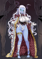 Rule 34 | + +, 1girl, 2boys, asanagi, black sclera, blue skin, breasts, colored sclera, colored skin, commentary request, demon girl, full body, gloves, green eyes, head tilt, high heels, highres, horns, large breasts, long hair, long sleeves, looking at viewer, multiple boys, nail polish, navel, open mouth, original, pointy ears, sharp teeth, short eyebrows, sidelocks, smile, solo focus, standing, teeth, thick eyebrows, thigh strap, thighs, toeless footwear, toeless legwear, toenail polish, toenails, very long hair, white gloves, white hair