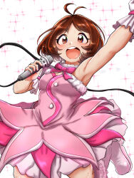 Rule 34 | 1girl, antenna hair, arm up, armpits, asymmetrical sleeves, blush, boots, bow, bowtie, breasts, brown eyes, brown hair, cute &amp; girly (idolmaster), dress, fur-trimmed boots, fur-trimmed dress, fur trim, gloves, hidaka ai, highres, holding, holding microphone, idolmaster, idolmaster dearly stars, kekewan, leg up, looking at another, microphone, open mouth, pink bow, pink bowtie, pink dress, short hair, short sleeves, single bare shoulder, single glove, single sleeve, small breasts, smile, solo, sparkle, sweat, teeth, uneven sleeves, upper teeth only, white background, white gloves