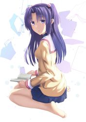Rule 34 | 1girl, artist request, blazer, blue skirt, blush, book, breasts, clannad, feet, full body, hair bobbles, hair ornament, highres, ichinose kotomi, jacket, long hair, looking at viewer, looking back, medium breasts, open mouth, purple eyes, purple hair, sitting, skirt, twintails, wariza