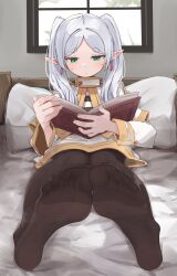 Rule 34 | 1girl, bed sheet, black pantyhose, blush, book, capelet, closed mouth, dress, drop earrings, earrings, elf, eyelashes, feet, foot focus, foreshortening, frieren, full body, gold trim, green eyes, grey hair, highres, holding, holding book, indoors, jewelry, kahlua (artist), long hair, long sleeves, looking down, no shoes, on bed, pantyhose, parted bangs, pillow, pointy ears, see-through, see-through legwear, short eyebrows, sitting, smell, soles, solo, sousou no frieren, steaming body, sweatdrop, thick thighs, thighs, toes, twintails, white capelet, white dress