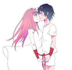Rule 34 | 10s, 1boy, 1girl, arm ribbon, bare shoulders, black hair, blue eyes, blue horns, blush, breasts, cleavage, collarbone, commentary request, couple, darling in the franxx, dress, face-to-face, facing another, green eyes, hetero, hiro (darling in the franxx), holding hands, horns, long hair, looking at another, mukkun696, oni horns, pink hair, red horns, red ribbon, ribbon, shirt, short hair, short sleeves, shorts, sleeveless, sleeveless dress, white dress, white shirt, white shorts, zero two (darling in the franxx)