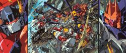 Rule 34 | 1980s (style), 2boys, arm cannon, autobot, battle, broken, cannon, clenched hands, commentary, damaged, decepticon, duel, fighting, glowing, gun, highres, holding, holding gun, holding sword, holding weapon, horns, machinery, marble-v, mecha, mechanical parts, mechanical wings, multiple boys, no humans, oldschool, predaking (transformers), purple eyes, red eyes, retro artstyle, robot, science fiction, smoke, superion, sword, transformers, translation request, visor, weapon, wings