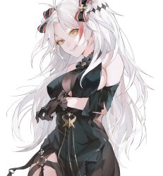 Rule 34 | 1girl, :q, absurdres, alternate costume, antenna hair, azur lane, bare shoulders, black dress, black gloves, bow, breast hold, breasts, brown eyes, cleavage, commentary request, dress, gloves, hair between eyes, head tilt, highres, kamui (kurohshiro1), large breasts, long hair, looking at viewer, multicolored hair, prinz eugen (azur lane), prinz eugen (cordial cornflower) (azur lane), red hair, silver hair, simple background, solo, standing, streaked hair, swept bangs, thighs, tongue, tongue out, two side up, very long hair, white background