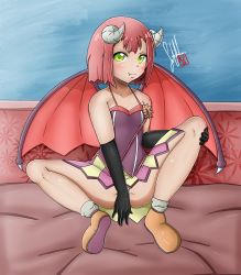 Rule 34 | 1girl, absurdres, blush, breasts, demon girl, demon horns, demon wings, endro!, fang, green eyes, highres, horns, looking at viewer, mao (endro!), panties, red hair, short hair, small breasts, solo, underwear, white panties, wings