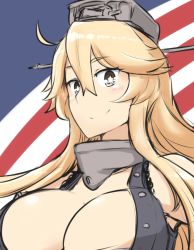 Rule 34 | 10s, 1girl, ahoge, american flag, blonde hair, breasts, cleavage, flag background, hamu koutarou, iowa (kancolle), kantai collection, large breasts, long hair, smile, solo, star-shaped pupils, star (symbol), symbol-shaped pupils, upper body