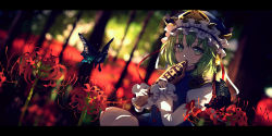 Rule 34 | 1girl, armor, backlighting, blue hat, blue vest, blurry, blurry background, bug, butterfly, covering own mouth, day, depth of field, dise (psychoro), dutch angle, flower, frilled hat, frilled sleeves, frills, green eyes, green hair, hat, highres, holding, insect, letterboxed, long sleeves, outdoors, red flower, rod of remorse, shiki eiki, short hair, shoulder armor, solo, spider lily, squatting, touhou, vest