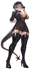 Rule 34 | 1girl, absurdres, adjusting clothes, adjusting headwear, alternate costume, arknights, arm behind back, black choker, black dress, boots, breasts, brown eyes, choker, chong (547342983), dragon horns, dragon tail, dress, full body, garter straps, gloves, grey hair, hair bun, half gloves, hat, high heel boots, high heels, highres, horns, large breasts, military hat, saria (arknights), tail, thigh boots, white background