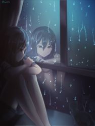 Rule 34 | 1girl, arm rest, black hair, blue eyes, blurry, cat, crossed arms, depth of field, expressionless, gan-viking, highres, indoors, knees to chest, looking to the side, night, original, rain, reflection, short sleeves, shorts, sitting, solo, window