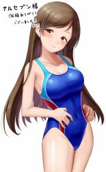 Rule 34 | 1girl, bare arms, blue one-piece swimsuit, blush, breasts, brown eyes, brown hair, collarbone, commission, competition swimsuit, cowboy shot, head tilt, highres, idolmaster, idolmaster cinderella girls, long hair, medium breasts, nitta minami, one-piece swimsuit, parted bangs, px-tea, simple background, skeb commission, smile, solo, straight hair, swimsuit, thighs, white background