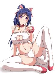 Rule 34 | 10s, 1girl, :3, animal ears, bell, blue hair, blush, bra, breasts, cat cutout, cat ear panties, cat ears, cat lingerie, cat tail, cleavage, cleavage cutout, clothing cutout, collar, frilled bra, frills, full body, jingle bell, large breasts, lingerie, long hair, looking at viewer, love live!, love live! sunshine!!, matsuura kanan, meme attire, midriff, navel, neck bell, panties, pink footwear, polka dot, ponytail, purple eyes, scrunchie, shoes, side-tie panties, sitting, smile, solo, spread legs, tail, thighhighs, underwear, white background, white bra, white panties, white thighhighs, wrist scrunchie, yopparai oni