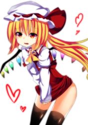 Rule 34 | 1girl, black thighhighs, blonde hair, blouse, flandre scarlet, hat, heart, highres, mob cap, no pants, own hands clasped, own hands together, red eyes, shirt, solo, te toga, thighhighs, touhou, white hat, white shirt