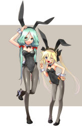 Rule 34 | 2girls, ;d, animal ears, arm up, black legwear, blonde hair, blue eyes, blush, bow, breasts, rabbit ears, rabbit tail, cleavage, fake animal ears, full body, green eyes, green hair, hair bow, hand on own hip, high heels, katahira masashi, long hair, looking at viewer, medium breasts, multiple girls, one eye closed, open mouth, original, outside border, pantyhose, playboy bunny, revision, shoe dangle, shoes, smile, standing, standing on one leg, tail, twintails, v, wink, wrist cuffs