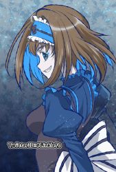 Rule 34 | 1girl, blue eyes, blue hair, bow, breasts, brown hair, colored inner hair, commentary request, dress, garie tuman, grin, hairband, link (aa30), looking at viewer, multicolored hair, open mouth, pale skin, senki zesshou symphogear, sharp teeth, short hair, smile, solo, teeth