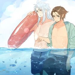 Rule 34 | 2boys, black male swimwear, blue eyes, blue male swimwear, blue sky, blue swim trunks, brown hair, cloud, cloudy sky, day, dissidia final fantasy, final fantasy, final fantasy i, final fantasy viii, fish, green jacket, highres, holding, holding swim ring, in water, innertube, jacket, light smile, long hair, male focus, male swimwear, multiple boys, navel, nini tw99, ocean, open clothes, open jacket, open mouth, outdoors, pointing, pointing down, purple eyes, scar, scar on face, scar on forehead, short hair, sky, smile, squall leonhart, standing, summer, swim ring, swim trunks, topless male, warrior of light (ff1), wet, wet clothes, wet hair, white hair