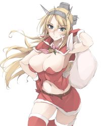 Rule 34 | 1girl, armpits, bell, belt, blonde hair, blue eyes, breasts, cleavage, commentary request, cropped jacket, fur trim, headgear, kantai collection, large breasts, long hair, midriff, miniskirt, mistletoe, navel, necktie, nelson (kancolle), sack, santa costume, skirt, solo, thighhighs, white background, zekkyon