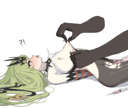 Rule 34 | !?, 1girl, 1other, ahegao, anger vein, bare shoulders, bdsm, black gloves, black pantyhose, blush, bondage, bound, breasts, disembodied limb, dress, elbow gloves, gloves, goseumgoseumdochi, green eyes, green hair, highres, hitachi magic wand, honkai (series), honkai impact 3rd, long hair, lying, mobius (honkai impact), nipple stimulation, nipple tweak, nipples, on back, open mouth, pantyhose, restrained, sex toy, simple background, small breasts, solo focus, syringe, tongue, tongue out, torn clothes, torn pantyhose, v-shaped eyebrows, very long hair, vibrator, white background, white dress