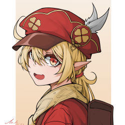 Rule 34 | 1girl, :d, ahoge, backpack, bag, brown scarf, cabbie hat, clover print, coat, commentary request, from side, genshin impact, hair between eyes, hat, hat feather, hat ornament, head tilt, highres, klee (genshin impact), light brown hair, long hair, looking at viewer, looking to the side, low twintails, open mouth, orange eyes, pointy ears, randoseru, red coat, red hat, scarf, sidelocks, signature, simple background, sinakinlinke, smile, solo, twintails, two-tone background