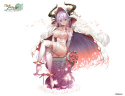 Rule 34 | 1girl, :p, bare shoulders, blue eyes, breasts, cleavage, elbow gloves, full body, gloves, high heels, horns, large breasts, long hair, looking at viewer, navel, nyarlathotep (otogi frontier), official art, otogi frontier, pointy ears, purple hair, sitting, smile, solo, thigh strap, thighhighs, thighs, tongue, tongue out, uo denim, white footwear, white gloves, white thighhighs
