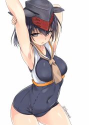 Rule 34 | 1girl, arm up, armpits, bad anatomy, bare arms, bare legs, bare shoulders, black hair, black one-piece swimsuit, brown eyes, covered navel, cowboy shot, garrison cap, grey hat, hair between eyes, hat, i-13 (kancolle), kantai collection, one-hour drawing challenge, one-piece swimsuit, open mouth, sailor collar, school swimsuit, short hair, simple background, solo, swimsuit, takase muh, twitter username, white background, white sailor collar