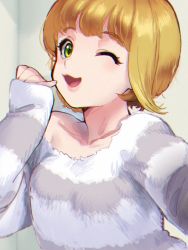 Rule 34 | 1girl, :3, ;d, bad id, bad pixiv id, blonde hair, chromatic aberration, fur sweater, green eyes, idolmaster, idolmaster cinderella girls, katsuoboshi, looking at viewer, miyamoto frederica, one eye closed, open mouth, pink lips, short hair, single bare shoulder, sleeves past wrists, smile, solo, striped clothes, striped sweater, sweater, upper body
