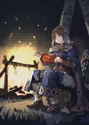 Rule 34 | 1girl, armor, boots, bracer, braid, brown hair, campfire, chain, cloak, commentary, eating, embers, fire, focused, food, fur-trimmed cloak, fur trim, helmet, highres, holding, holding food, jun (navigavi), making-of available, meat, night, shield, signature, sitting, solo, symbol-only commentary, tree, valheim