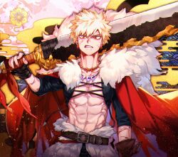 Rule 34 | 1boy, 2nd popularity poll (boku no hero academia), abs, abstract background, arm at side, bakugou katsuki, bare pectorals, belt, belt buckle, black gloves, blonde hair, bloodshot eyes, blurry, boku no hero academia, brown belt, buckle, cape, carrying over shoulder, chinese commentary, chromatic aberration, commentary request, cropped jacket, cross-laced clothes, cross-laced top, cross scar, depth of field, earrings, film grain, fingerless gloves, fingernails, floating cape, flower (symbol), fur-trimmed cape, fur-trimmed waist cape, fur trim, furrowed brow, gloves, greatsword, hand on hilt, hand up, highres, huge weapon, jewelry, kikumon, looking at viewer, magatama, magatama earrings, magatama necklace, male focus, multiple necklaces, multiple scars, navel, necklace, no shirt, official alternate costume, over shoulder, pattern request, pectorals, pendant, prussia echo, red cape, red eyes, sanpaku, scar, scar on arm, scar on hip, scowl, scratches, seigaiha, shadow, short hair, sleeves past elbows, solo, spiked hair, stomach, straight-on, sword, sword over shoulder, toned, toned male, tooth necklace, torn cape, torn clothes, upper body, v-shaped eyebrows, waist cape, weapon, weapon over shoulder