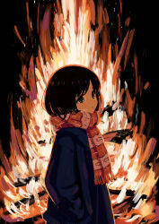 Rule 34 | 1girl, animal print, backlighting, black background, black hair, blue coat, brown eyes, coat, enpera, fire, fish print, from side, hands in pockets, highres, long sleeves, nerio (neri akira), night, original, outdoors, parted lips, plaid, plaid scarf, red scarf, scarf, solo, standing, striped clothes, striped scarf, upper body