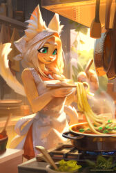 Rule 34 | 1girl, absurdres, animal ear fluff, animal ears, animal nose, apron, bandana, body fur, braid, cat ears, cat girl, cat tail, chestnut mouth, chopsticks, commentary, cooking, day, dress, english commentary, fang, food, furry, furry female, green eyes, hair over shoulder, highres, holding, holding chopsticks, jewelry, kitchen, ladyshalirin, necklace, noodles, orange dress, original, print apron, short hair, sidelighting, single braid, solo, star (symbol), star print, tail, tooth necklace, very long tail, white apron, white bandana, yellow fur