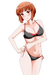Rule 34 | 1girl, black bra, black panties, blush, bow, bow panties, bra, breasts, brown eyes, brown hair, cleavage, closed mouth, commentary, cowboy shot, girls und panzer, gomi ningen (81848656), groin, highres, light frown, looking at viewer, medium breasts, navel, nishizumi miho, panties, short hair, side-tie panties, simple background, solo, standing, tying, underwear, underwear only, untied panties, white background