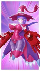 Rule 34 | 1girl, 3d, appmon, artist request, belt, boots, breasts, cape, claws, cleavage, coat, demon girl, derivative work, digimon, digimon universe: appli monsters, facial tattoo, floating, hat, highleg, highleg leotard, highres, large breasts, leotard, looking at breasts, medium hair, monster girl, naughty face, pointy ears, screenshot redraw, shiny skin, simple background, skin tight, smile, solo, symbol-shaped pupils, tattoo, thong leotard, warudamon, witch hat, yellow eyes