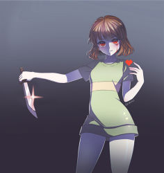 Rule 34 | 1girl, 4b, blood, blood on face, brown hair, chara (undertale), closed mouth, collarbone, cowboy shot, dress, eyebrows, gradient background, holding, holding knife, holding weapon, knife, looking at viewer, red eyes, shaded face, short hair, short sleeves, smile, solo, sparkle, spoilers, twitter username, undertale, weapon