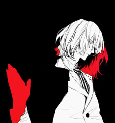 Rule 34 | 1boy, akechi gorou, black background, blending, collared shirt, commentary request, hair between eyes, hand up, highres, kaisen (kaisen inari), looking down, male focus, necktie, persona, persona 5, profile, shirt, short hair, solo, spot color, striped necktie, upper body, vertical-striped clothes, vertical-striped necktie