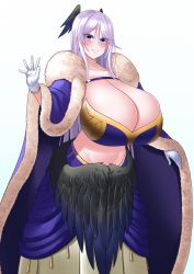 Rule 34 | 1girl, bird wings, black feathers, black wings, blue cape, blue eyes, breasts, cape, cleavage, earrings, efreet, fallen angel, feathered wings, feathers, fur-trimmed cape, fur trim, gloves, head wings, highres, huge breasts, jewelry, long hair, low wings, mole, mole under mouth, monster girl, navel, original, smile, solo, white hair, wings