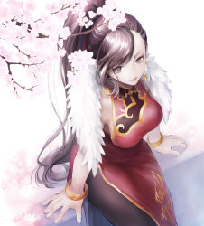 Rule 34 | 1girl, alternate costume, alternate hair length, alternate hairstyle, bangle, black pantyhose, bracelet, breasts, brown eyes, brown hair, capcom, cherry blossoms, china dress, chinese clothes, chun-li, dress, earrings, feather boa, from above, hair ribbon, highres, hinoru saikusa, jewelry, large breasts, long dress, long hair, no bra, painting (medium), pantyhose, pelvic curtain, ponytail, red dress, ribbon, side slit, sideboob, sitting, solo, street fighter, street fighter v, swept bangs, traditional media, very long hair, watercolor (medium)