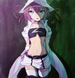 Rule 34 | 1girl, arms behind back, choker, collarbone, crop top, facial mark, female focus, green eyes, hat, hat ribbon, highres, looking at viewer, merry nightmare, midriff, miniskirt, narrow waist, navel, open mouth, pointy ears, purple hair, ribbon, shade, shadow, short hair, skirt, solo, standing, stds, striped clothes, striped thighhighs, thighhighs, vest, yumekui merry, zettai ryouiki