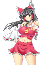 Rule 34 | 1girl, alternate breast size, ascot, bare shoulders, black hair, blunt bangs, bow, breasts, brown eyes, cowboy shot, crop top, detached sleeves, foreshortening, frilled skirt, frills, hair bow, hair tubes, hakurei reimu, hand on own hip, highres, japanese clothes, large breasts, long hair, long sleeves, looking at viewer, midriff, miko, miniskirt, mokkori9, navel, red bow, red shirt, red skirt, ribbon-trimmed sleeves, ribbon trim, shirt, skirt, skirt set, sleeveless, sleeveless shirt, smile, solo, stomach, touhou, v, white background, wide sleeves