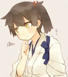 Rule 34 | 10s, 1girl, blush, brown eyes, brown hair, closed mouth, commentary, hair ribbon, hand on own chin, ina (1813576), japanese clothes, kaga (kancolle), kantai collection, long hair, red ribbon, ribbon, ribon, scratching chin, side ponytail, simple background, solo, stroking own chin, tasuki, thinking, translated, twitter username, wide sleeves