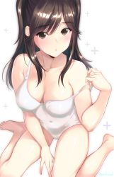 Rule 34 | 1girl, :o, alternate hairstyle, bare arms, bare legs, barefoot, blush, breasts, brown eyes, brown hair, cleavage, collarbone, from above, highres, long hair, looking at viewer, love plus, masaoka misaki, medium breasts, navel, off shoulder, one-piece swimsuit, open mouth, simple background, sitting, solo, swimsuit, takane manaka, white background, white one-piece swimsuit