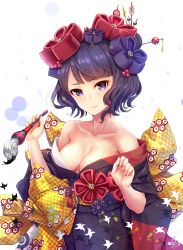 Rule 34 | 1girl, bare shoulders, bird, black hair, blue eyes, breasts, closed mouth, fate/grand order, fate (series), flower, hair flower, hair ornament, hairpin, highres, infinote, ink, japanese clothes, katsushika hokusai (fate), kimono, looking at viewer, medium breasts, paintbrush, short hair, smile, solo