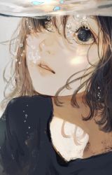 Rule 34 | 1girl, air bubble, black eyes, black shirt, bubble, highres, looking up, orie h, original, parted lips, portrait, shirt, solo, tears, underwater, upper body