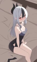 Rule 34 | 1girl, absurdres, bare shoulders, bed, black choker, black dress, black hair, blue archive, blush, breasts, choker, dress, ear piercing, genso (thereisnosauce), grey hair, hair between eyes, highres, horns, kayoko (blue archive), kayoko (dress) (blue archive), long hair, looking at viewer, medium breasts, multicolored hair, no halo, official alternate costume, on bed, piercing, red eyes, short dress, sitting, sleeveless, sleeveless dress, solo, spaghetti strap