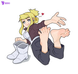 Rule 34 | 1girl, barefoot, blonde hair, blue eyes, bogo, boots, feet, female focus, fullmetal alchemist, highres, long hair, looking at viewer, lying, on stomach, shoes, unworn shoes, smile, soles, solo, toes, white background, winry rockbell