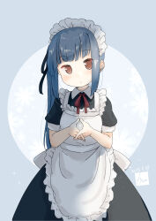 Rule 34 | 1girl, absurdres, alternate costume, apron, black dress, brown eyes, cowboy shot, dress, enmaided, frilled apron, frills, fyuo, grey hair, highres, kantai collection, kasumi (kancolle), long hair, looking at viewer, maid, maid headdress, neck ribbon, red ribbon, ribbon, side ponytail, solo, white apron