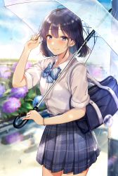 Rule 34 | 1girl, bad id, bad pixiv id, bag, black hair, blue eyes, blue neckwear, blue skirt, blurry, blurry background, bracelet, closed mouth, collared shirt, commentary request, day, flower, hand in own hair, highres, hisao 0111, holding, holding umbrella, hydrangea, jewelry, leaf, lens flare, looking at viewer, original, outdoors, plaid, plaid skirt, pleated skirt, rain, school bag, school uniform, shirt, short hair, short sleeves, skirt, smile, solo, standing, transparent, transparent umbrella, umbrella, water drop, white shirt