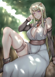 Rule 34 | 1girl, :d, absurdres, bare shoulders, blonde hair, breasts, circlet, cleavage, commentary request, detached sleeves, earrings, elf, gggg, highres, jewelry, large breasts, long hair, looking at viewer, necklace, open mouth, original, pointy ears, purple eyes, sitting, smile, solo
