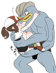 Rule 34 | 1boy, 1girl, absurdres, baseball cap, blush, breath, brown hair, creatures (company), elaine (pokemon), extra arms, game freak, gen 1 pokemon, hat, heavy breathing, held up, highres, interspecies, machamp, nintendo, open mouth, pokemon, pokemon (creature), pokemon lgpe, ponytail, semi kon, sex, shoes, simple background, suspended congress, white background