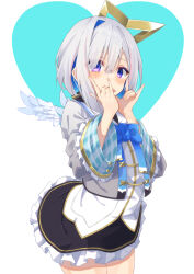 Rule 34 | 1girl, absurdres, aiguillette, amane kanata, amane kanata (1st costume), angel wings, asymmetrical bangs, black skirt, blue bow, blue bowtie, blue hair, blush, bob cut, bow, bowtie, closed mouth, colored inner hair, cropped jacket, double fox shadow puppet, feathered wings, fox shadow puppet, frilled skirt, frills, grey hair, grey jacket, hair over one eye, highres, hololive, jacket, kisara mikami, long sleeves, looking at viewer, mini wings, miniskirt, multicolored hair, purple eyes, short hair, single hair intake, skirt, sleeve cuffs, solo, virtual youtuber, white wings, wide sleeves, wings