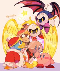 Rule 34 | :d, armor, armored boots, artist name, black wings, blank eyes, blue eyes, blush, blush stickers, boots, closed mouth, coat, commentary request, dark meta knight, flying, fur-trimmed coat, fur-trimmed sleeves, fur trim, gloves, grin, hat, highres, holding hands, king dedede, kirby, kirby (series), long sleeves, looking at another, mask, meta knight, mirror, nintendo, no humans, open clothes, open coat, open mouth, purple footwear, purple wings, red coat, red footwear, red headwear, shadow dedede, shadow kirby, shoulder armor, simple background, smile, star (symbol), teeth, tokuura, twitter username, v-shaped eyebrows, white background, white gloves, wings, yellow eyes